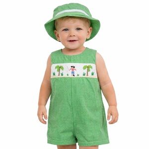 Vintage Petit Ami Green Check Smocked Embroidered Pirate Palm Tree 2 Piece Set